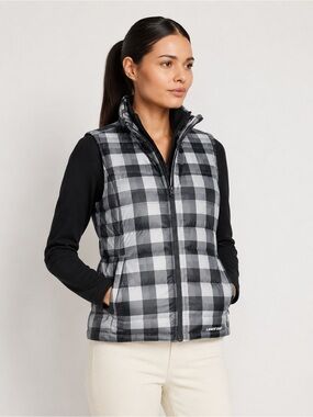 NWT Lands' End Black Gray Plaid 600 Fill Down Puffer Vest S Pockets